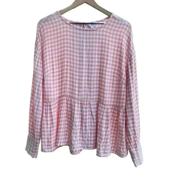 Time and Tru Tops - Pink and White Gingham Peplum Blouse